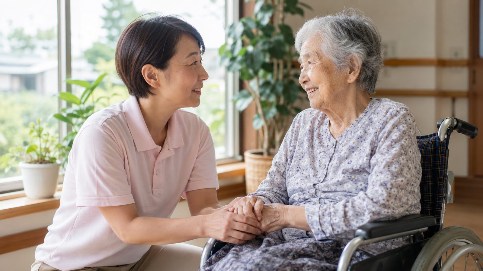 窓辺で利用者に寄り添う介護士