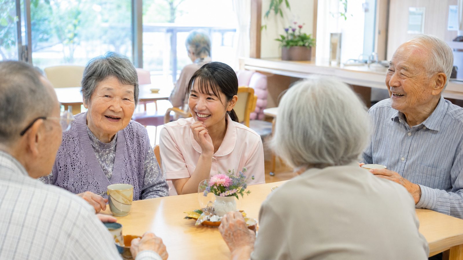 施設で和やかに過ごす利用者とスタッフ